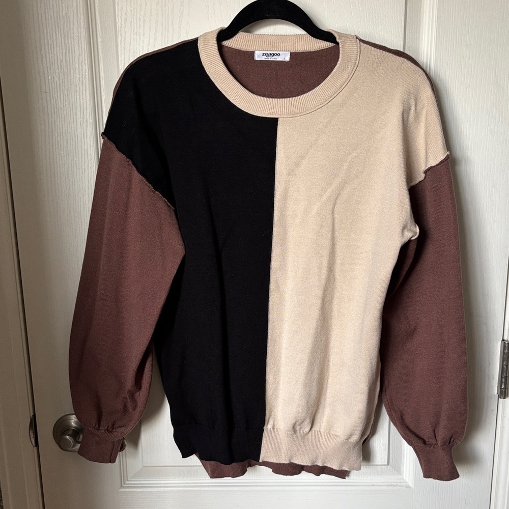 Zeagoo Tri-Tone Crewneck Sweater - Black, Cream, Brown